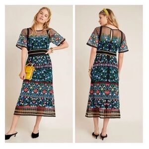 RARE Anthropologie Esther Embroidered Midi Dress Black Floral Boho Enchanted